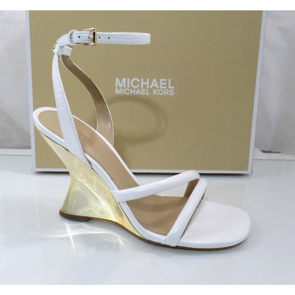 Michael Kors Size 7 Nadina Ankle Strap Wedge Sandals Heels Optic White - Picture 1 of 7